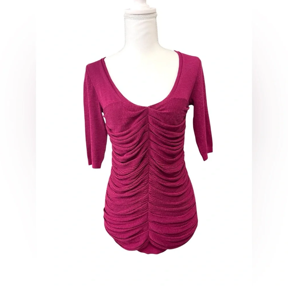 Women’s Y2K Burberry Burgundy V-Neck Ruched Longline Top Blouse / Sweater SMALL - Picture 2 of 11